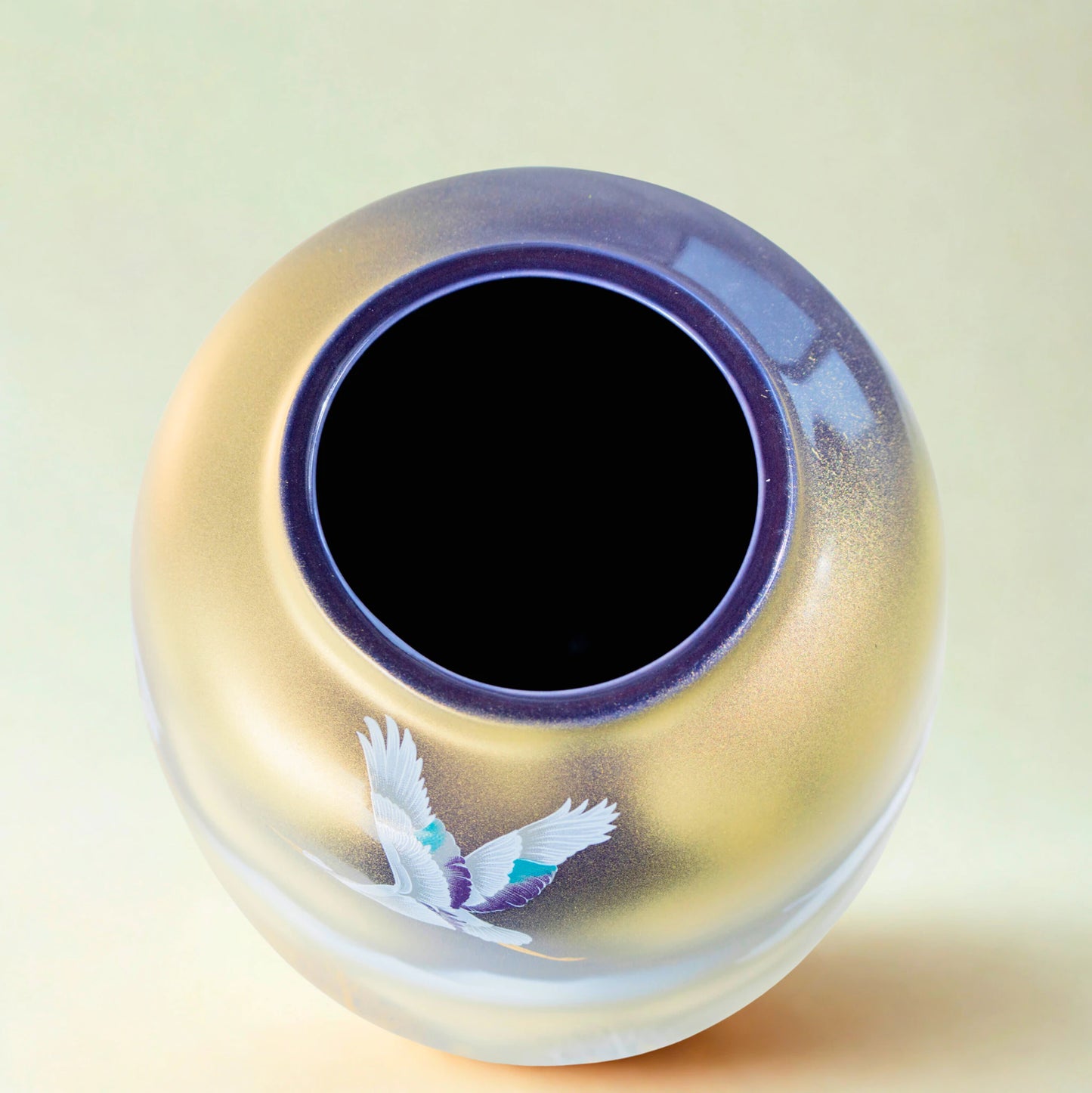 Kutani Crane Vase, Hand-Painted Porcelain Vase with Gold Leaf, for Ikebana and Tokonoma Display