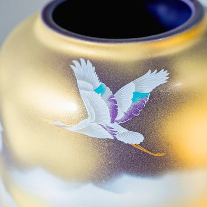 Kutani Crane Vase, Hand-Painted Porcelain Vase with Gold Leaf, for Ikebana and Tokonoma Display