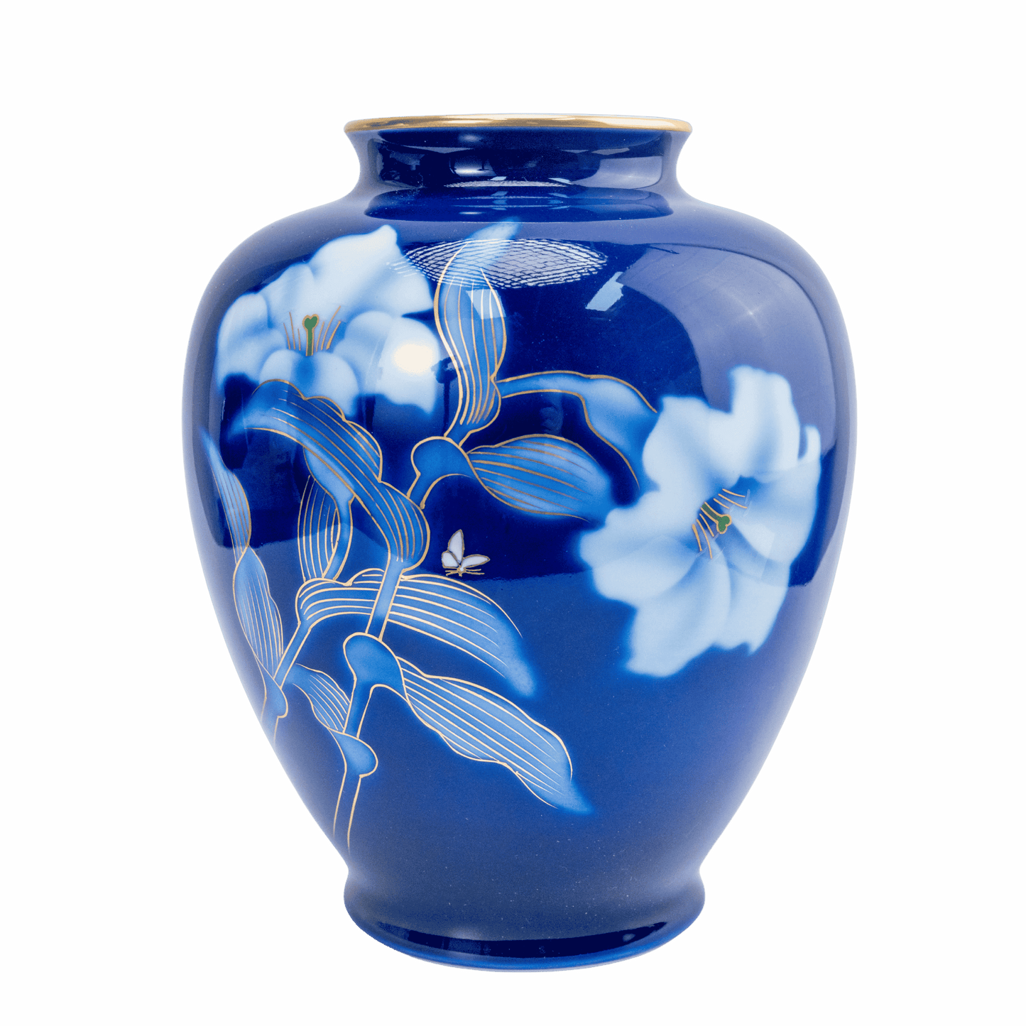 Vintage Fukagawa Seiji Ruri kobaltblaue Vase – Lilie & Schmetterling Sometsuke, Arita-Porzellan-Kabin