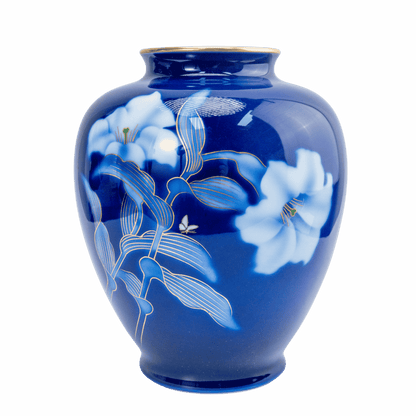 Vintage Fukagawa Seiji Ruri kobaltblaue Vase – Lilie & Schmetterling Sometsuke, Arita-Porzellan-Kabin