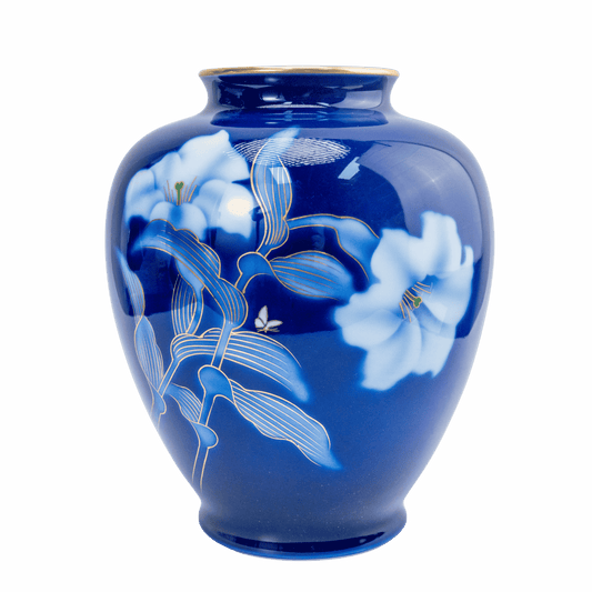 Vintage Fukagawa Seiji Ruri Cobalt Blue Vase — Lily & Butterfly Sometsuke, Arita Porcelain Kabin