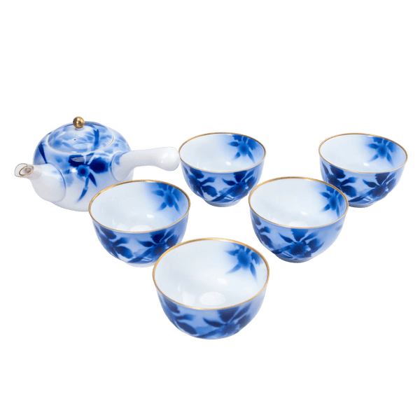 Fukagawa Seiji Vorkriegs-Arita-Sometsuke-Teeservice – Kyusu + 5 Yunomi mit signiertem Tomobako, 1937 (Shōwa)