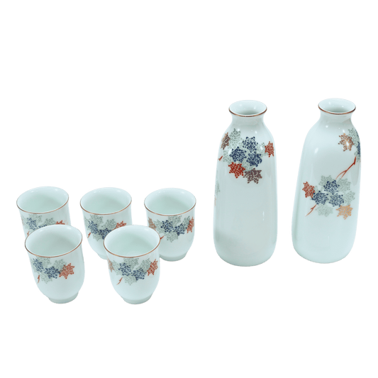 Vintage 1977 Fukagawa Seiji Kurenai Sake Set — 2 Tokkuri & 5 Ochoko, Arita Porcelain