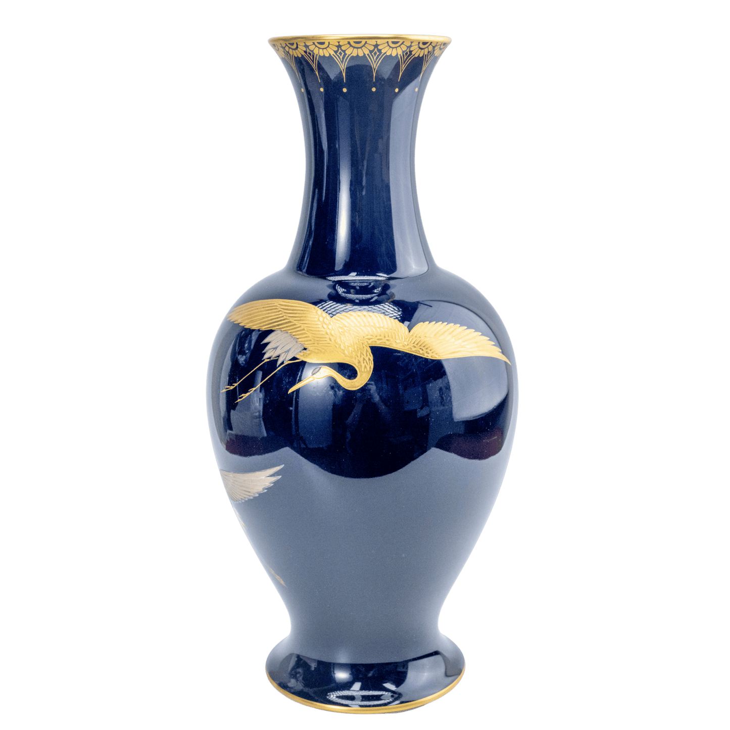Vintage Koransha Ruri Cobalt Crane Vase — Gold & Silver Tsuru Pair, Arita Porcelain Kabin
