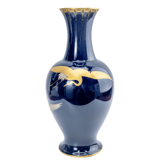 Vintage Koransha Ruri Cobalt Crane Vase — Gold & Silver Tsuru Pair, Arita Porcelain Kabin