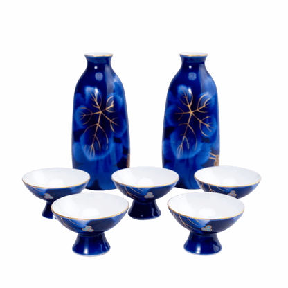 Vintage Fukagawa-Sake-Set – Ruri Budō Lapisblau, 7-teilig