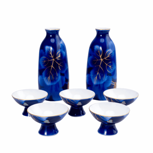 Service à saké vintage de Fukagawa — Ruri Budō bleu lapis, 7 pièces