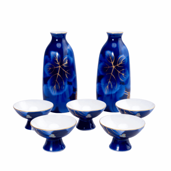Vintage Fukagawa-Sake-Set – Ruri Budō Lapisblau, 7-teilig