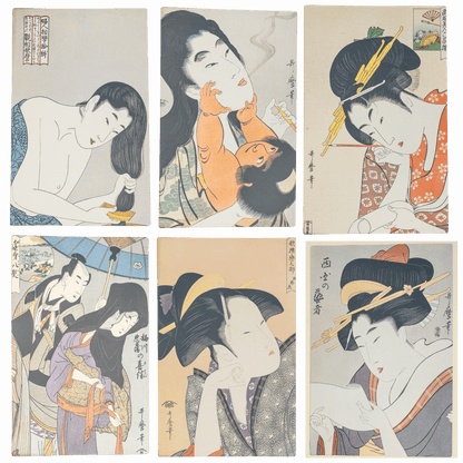 Portfolio d'estampes ukiyo-e sur bois vintage d'après Utamaro — 6 reproductions bijin-ga ōban, portfolio en washi (fukkokuban)