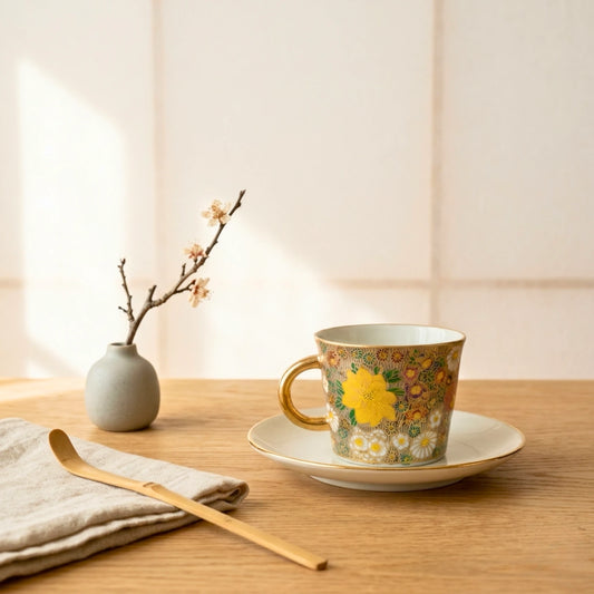 Kutani Cup & Saucer — Honkin Hanazume Real Gold Millefleur Ø8 × H6.5cm