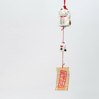 Calico maneki neko ceramic wind chime, parent cat, kitten and slatted wind catcher on one red cord