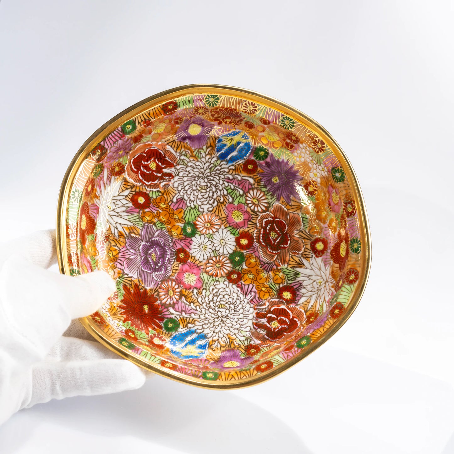 Top view of Kutani Kinhanazume bowl showing full floral interior pattern