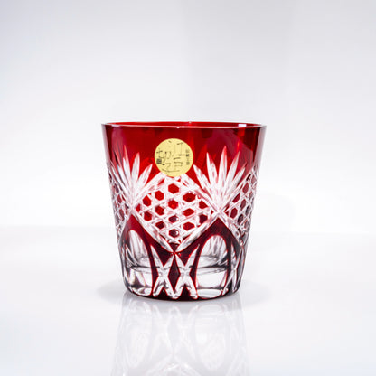 Red Edo Kiriko whiskey tumbler with hexagonal cut-glass pattern