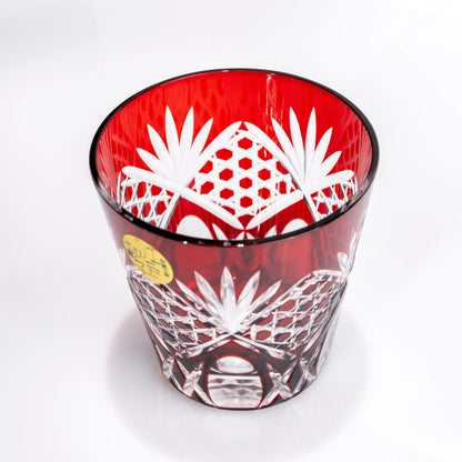 Red Edo Kiriko whiskey tumbler viewed from above with cut rim and pattern detail