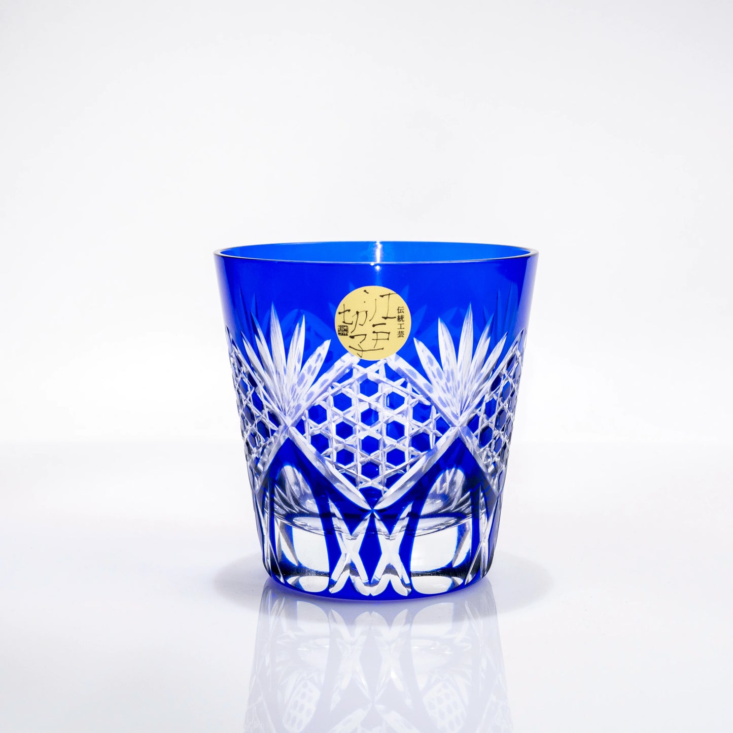 Blue Edo Kiriko whiskey tumbler with hexagonal cut-glass pattern