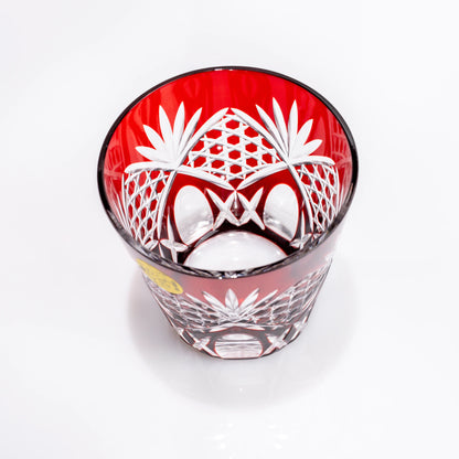 Overhead view of a red Edo Kiriko whiskey tumbler