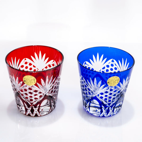 Red and blue Edo Kiriko whiskey tumbler pair with geometric cut-glass pattern