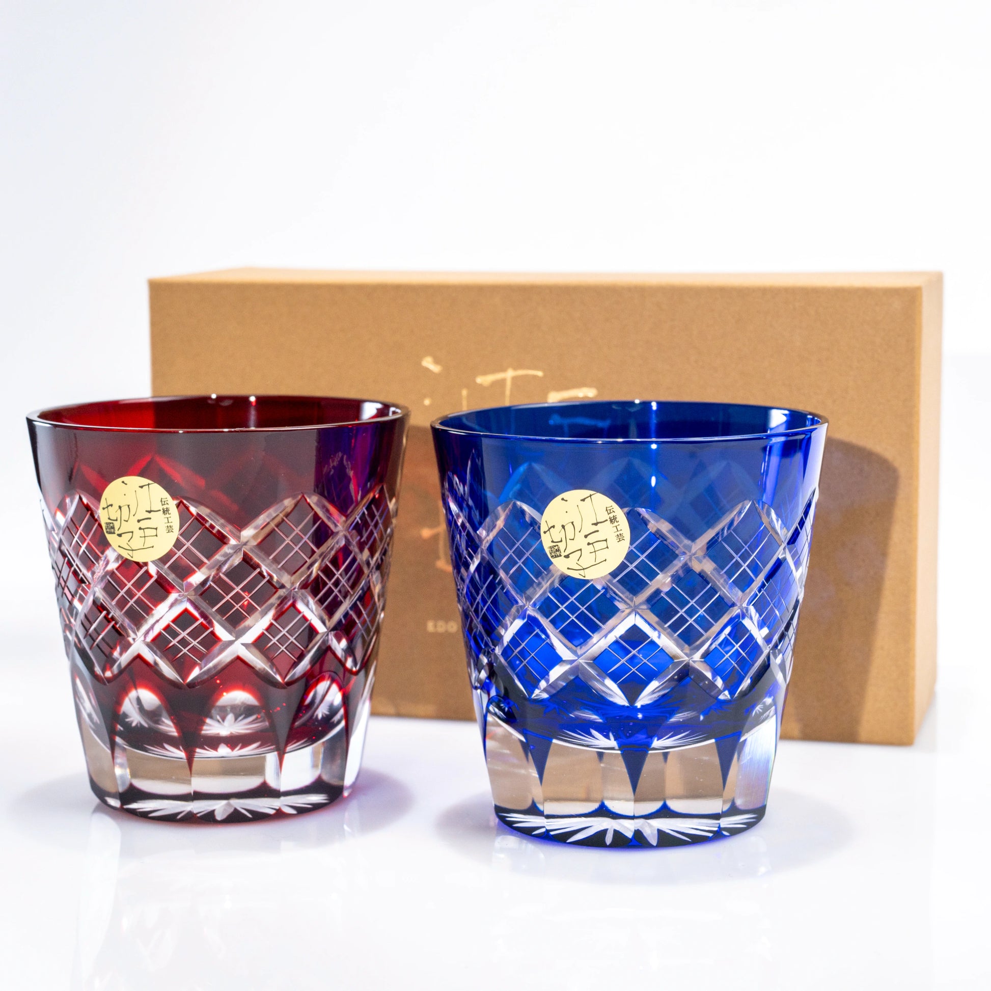 Edo Kiriko whiskey glass pair with gift box in the background