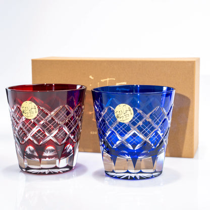 Edo Kiriko whiskey glass pair with gift box in the background