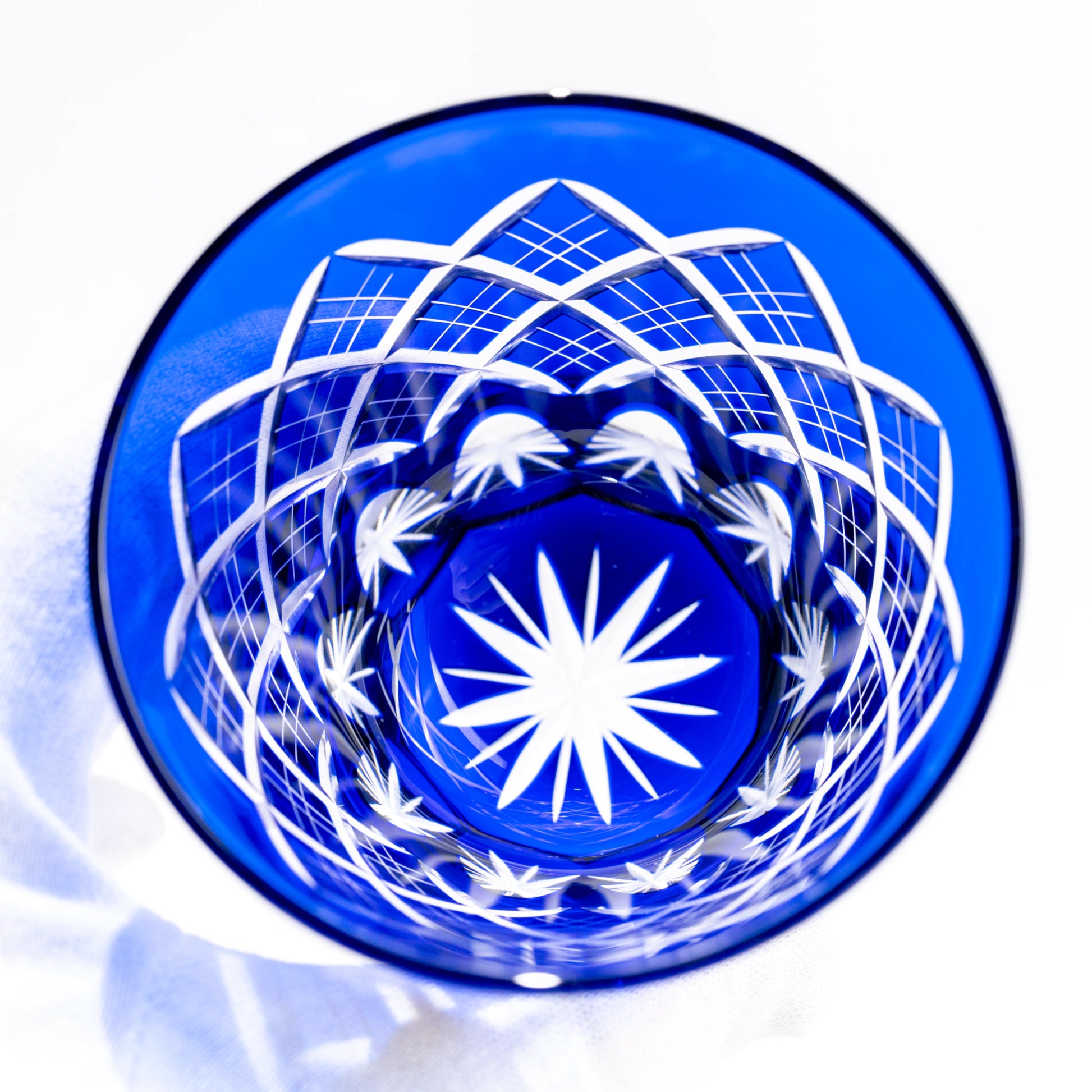 Top-down view inside blue Edo Kiriko old glass