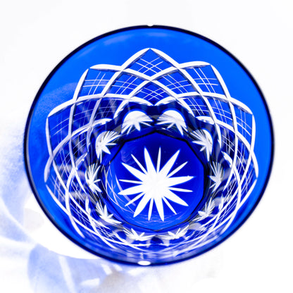 Top-down view inside blue Edo Kiriko old glass