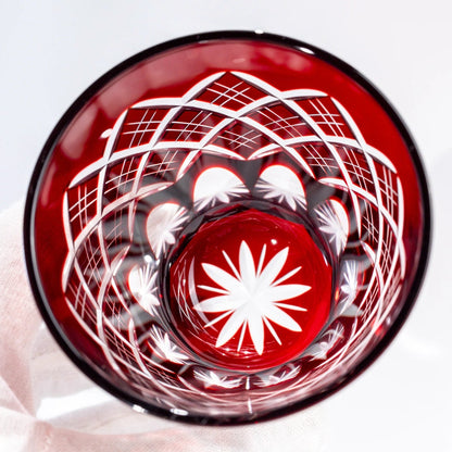 Top-down view inside red Edo Kiriko old glass