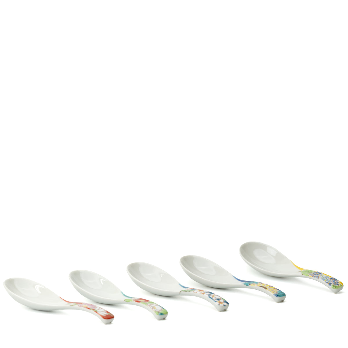 Five white Kutani soup spoons lined up diagonally, each with a different colorful floral handle.