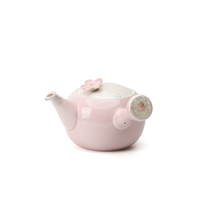 Pink Tasei Sakura kyusu teapot with a pale lid, blossom-shaped knob and side handle.