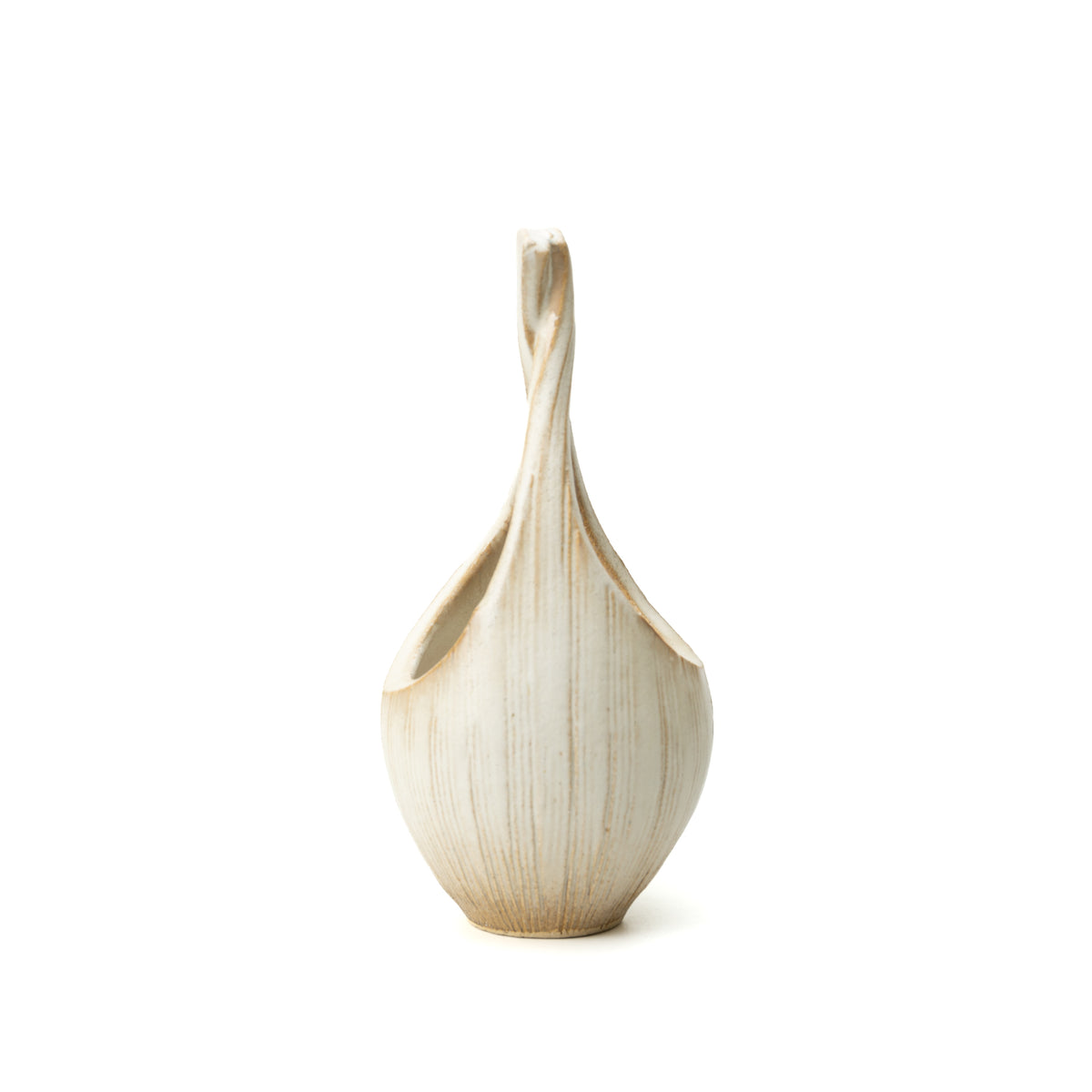 Narrow side view of the Kairo vase, showing its elongated loop and rounded ridged body.