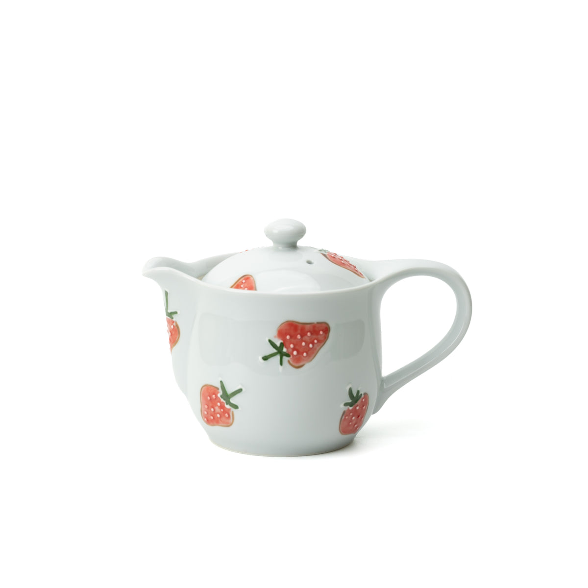White Tokushichi teapot with red strawberry decoration, fitted lid and loop handle.