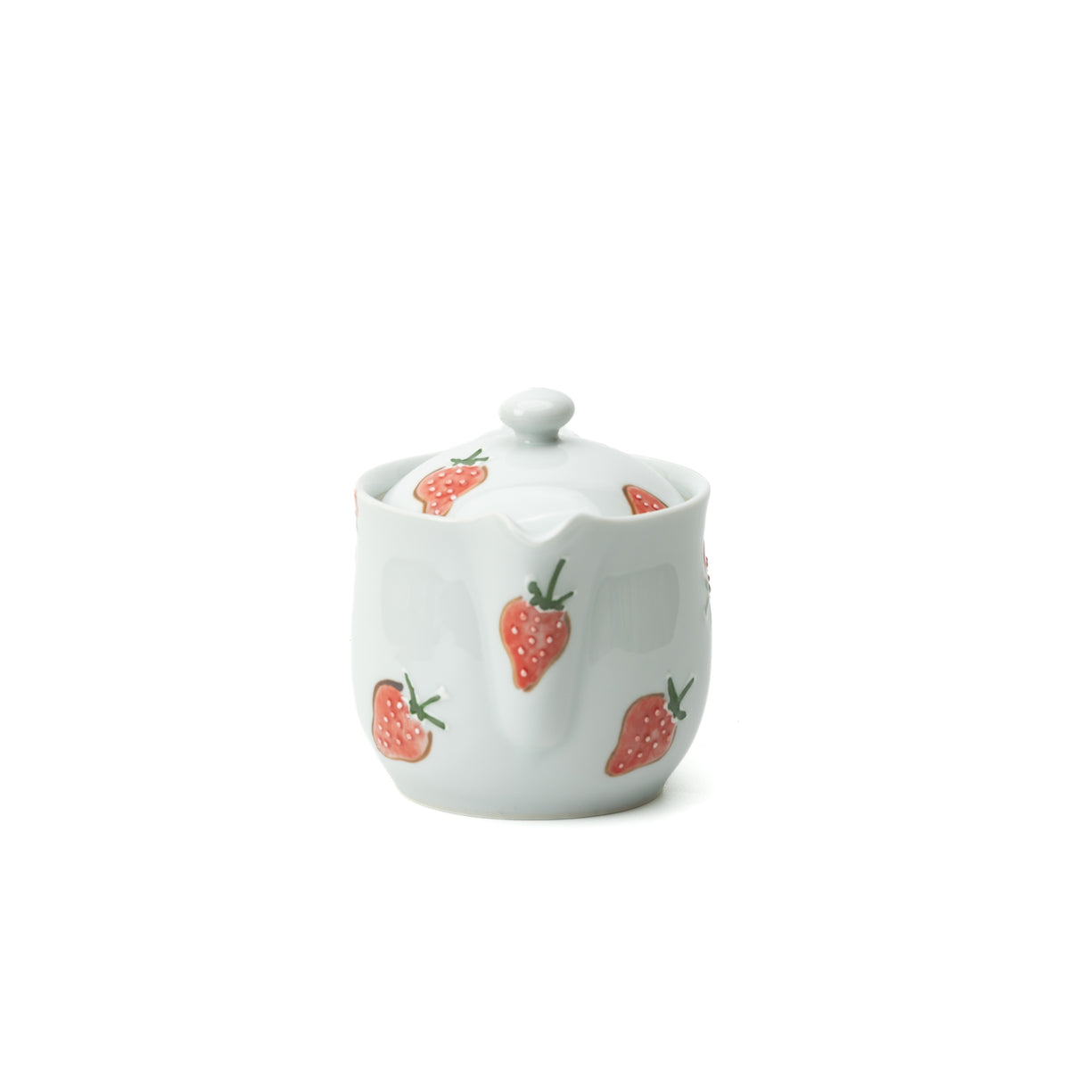 Front view of the strawberry teapot showing its short spout and strawberry-decorated lid.