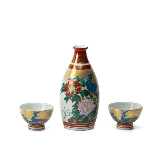 Kutani Peacock & Peony Sake Set | 260 ml Bottle & 2 Cups