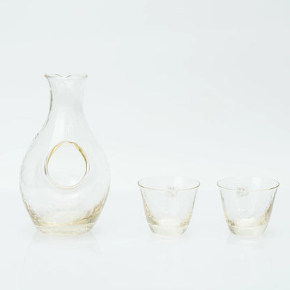 Japanese Sake Set, Toyo Sasaki Handmade Amber Glass, Cold Sake Carafe with Ice Pocket, 300ml + 2 Cups