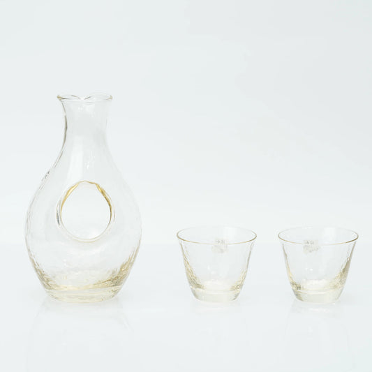 Japanese Sake Set, Toyo Sasaki Handmade Amber Glass, Cold Sake Carafe with Ice Pocket, 300ml + 2 Cups