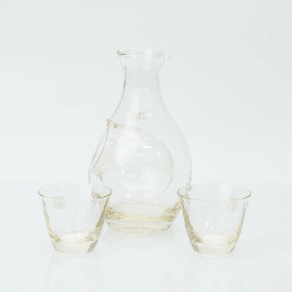 Japanese Sake Set, Toyo Sasaki Handmade Amber Glass, Cold Sake Carafe with Ice Pocket, 300ml + 2 Cups