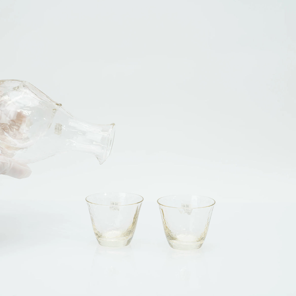 Japanese Sake Set, Toyo Sasaki Handmade Amber Glass, Cold Sake Carafe with Ice Pocket, 300ml + 2 Cups