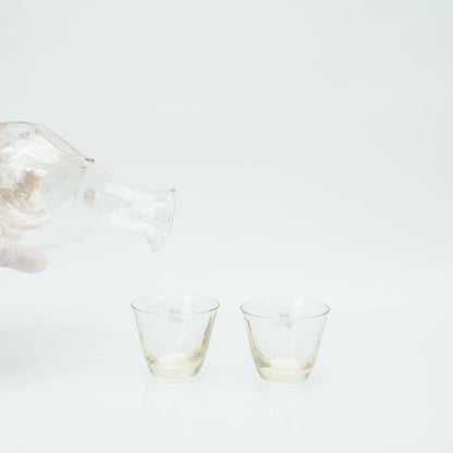 Japanese Sake Set, Toyo Sasaki Handmade Amber Glass, Cold Sake Carafe with Ice Pocket, 300ml + 2 Cups