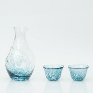 Blue glass sake set with one ice-pocket carafe and two matching cups