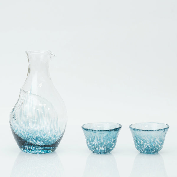 Japanese Cold Sake Set, Handmade Soda-Lime Glass | Toyo Sasaki Carafe with Ice Pocket & 2 Cups