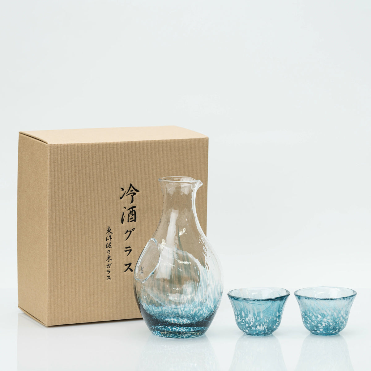 Japanese Cold Sake Set, Handmade Soda-Lime Glass | Toyo Sasaki Carafe with Ice Pocket & 2 Cups