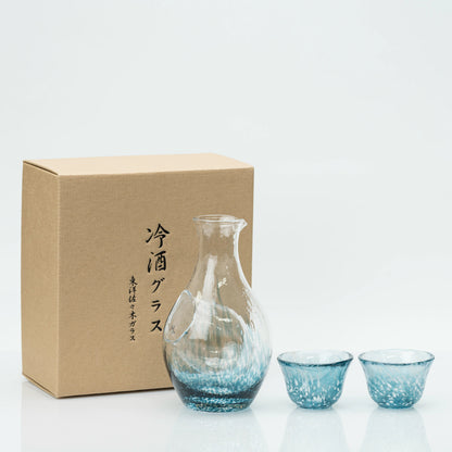 Japanese Cold Sake Set, Handmade Soda-Lime Glass | Toyo Sasaki Carafe with Ice Pocket & 2 Cups