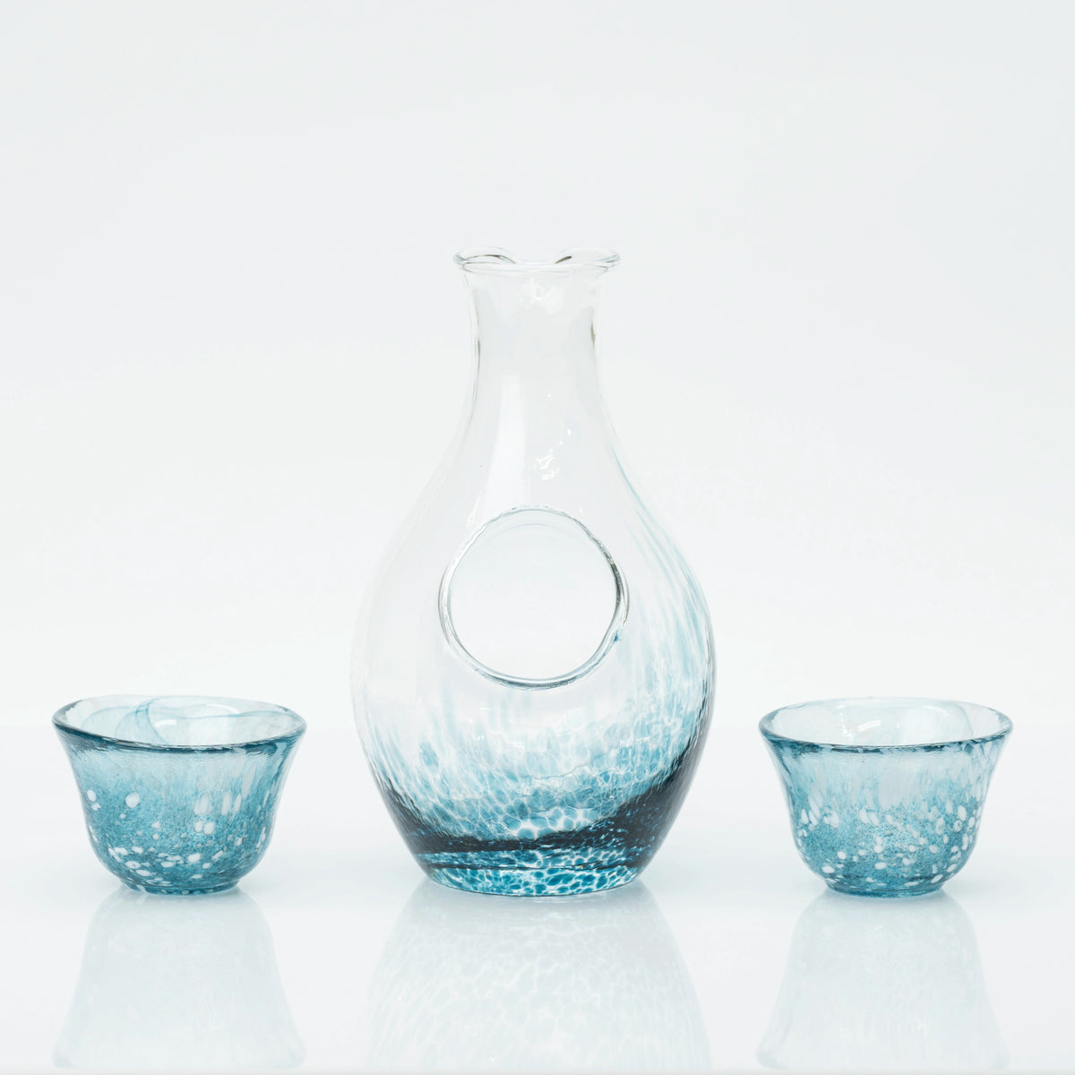 Japanese Cold Sake Set, Handmade Soda-Lime Glass | Toyo Sasaki Carafe with Ice Pocket & 2 Cups