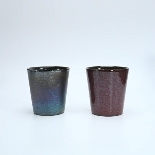 Tabata Shigemichi Mino-Yaki Double-Wall Rock Cup — Bordeaux & Black Luster Stoneware (300ml, Kiribako)