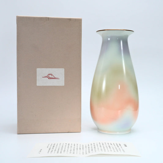 Fukagawa Seiji Iridescent Porcelain Vase — Iro-e Saiji Hanaike, Gold Rim, Arita