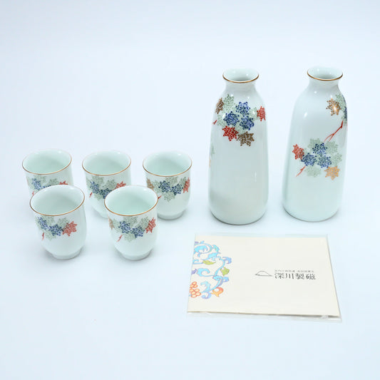 Vintage 1977 Fukagawa Seiji Kurenai Sake Set — 2 Tokkuri & 5 Ochoko, Arita Porcelain