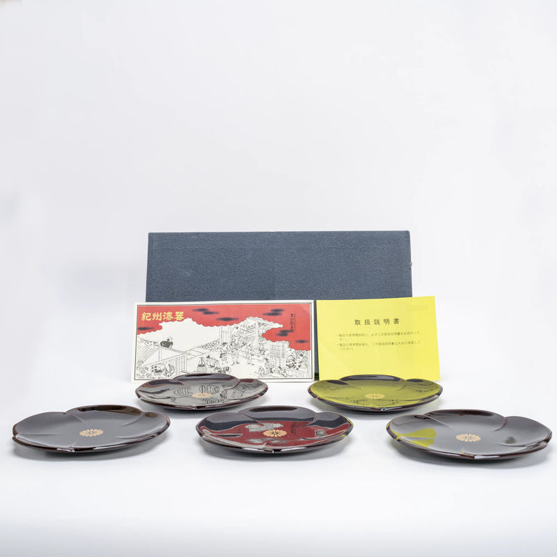 Vintage Showa Kishu-Shikki Urushi Lacquer Plate Set of 5 — Kikumon, Wakayama — view 1