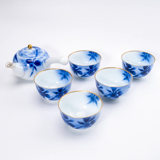Fukagawa Seiji Pre-War Arita Sometsuke Tea Set — Kyusu + 5 Yunomi with Signed Tomobako, 1937 Showa
