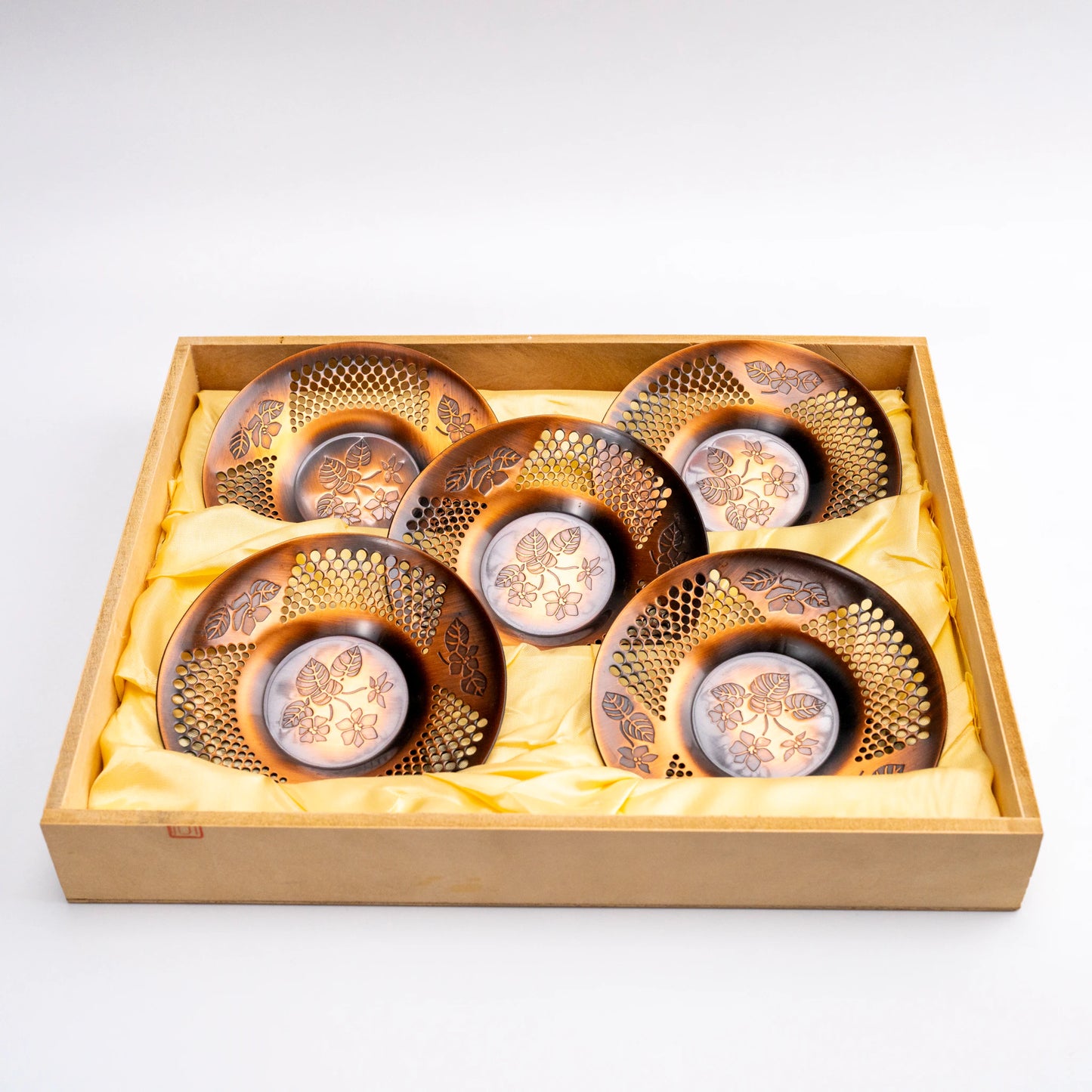 Vintage Japanese Copper Tea Saucer Set of 5 — Martian Sazanka Series (1980)