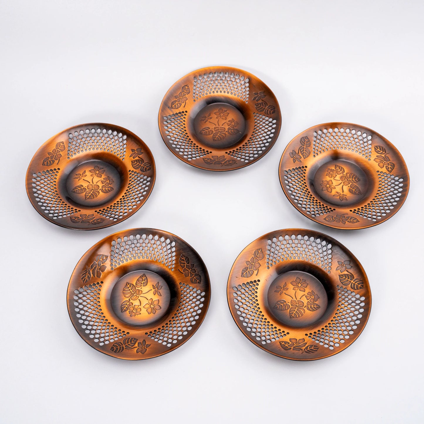 Vintage Japanese Copper Tea Saucer Set of 5 — Martian Sazanka Series (1980)