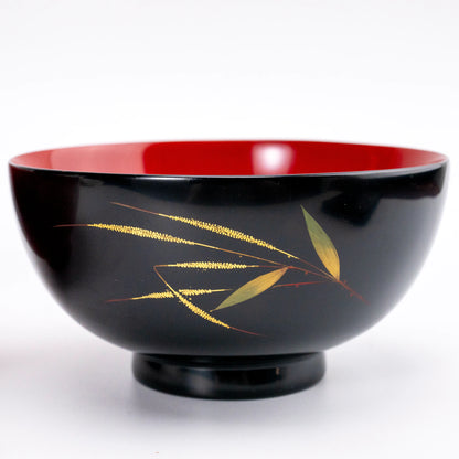 Vintage Wajima Lacquer Bowl Pair — Bamboo Maki-e, Tomobako, Showa 1985